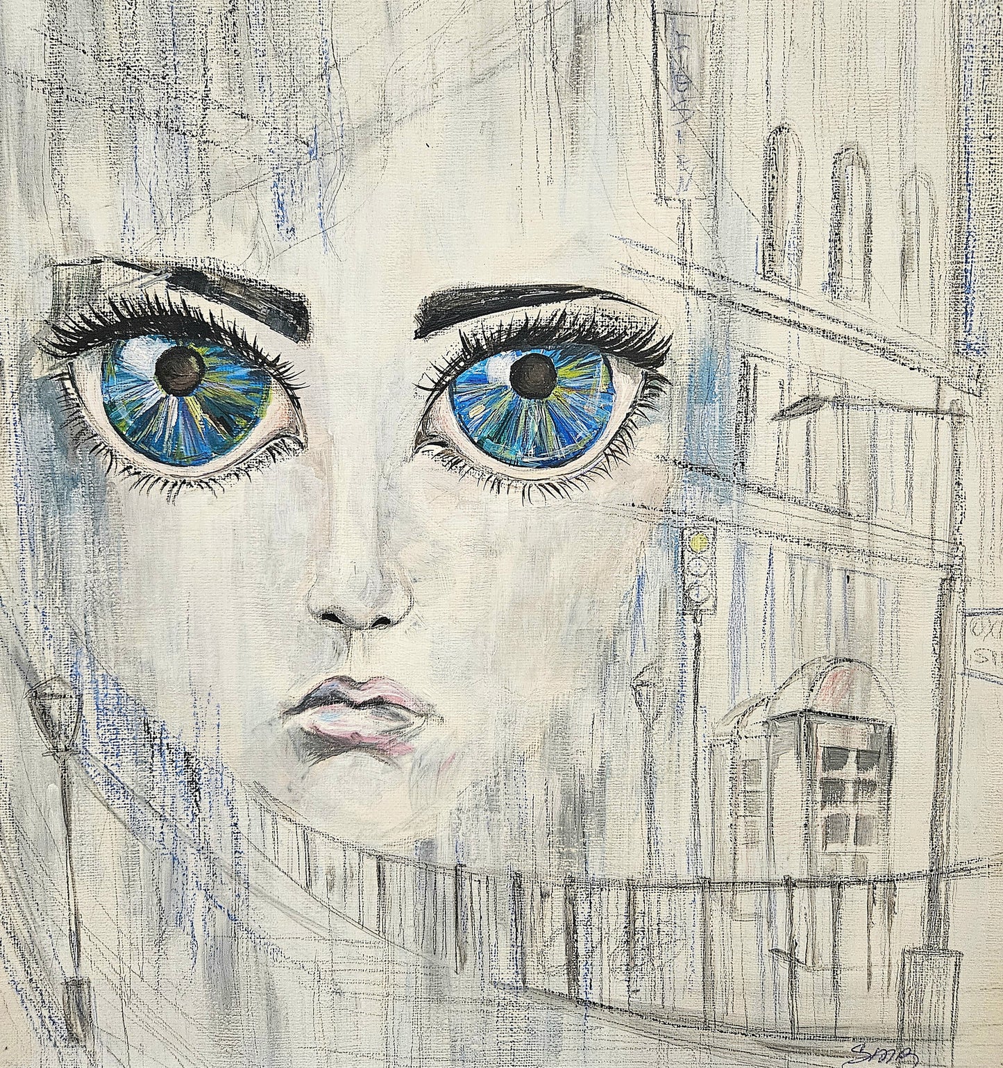 limited edition urban art print featuring bold blue eyes and urban scenery, showcasing modern city life aesthetics.