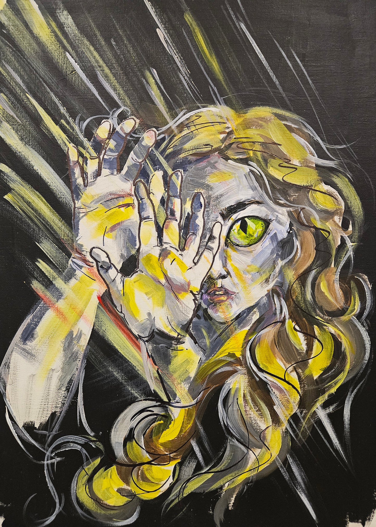 Limited edition fine art print titled Into The Light featuring a woman with bright yellow hair and expressive hands.