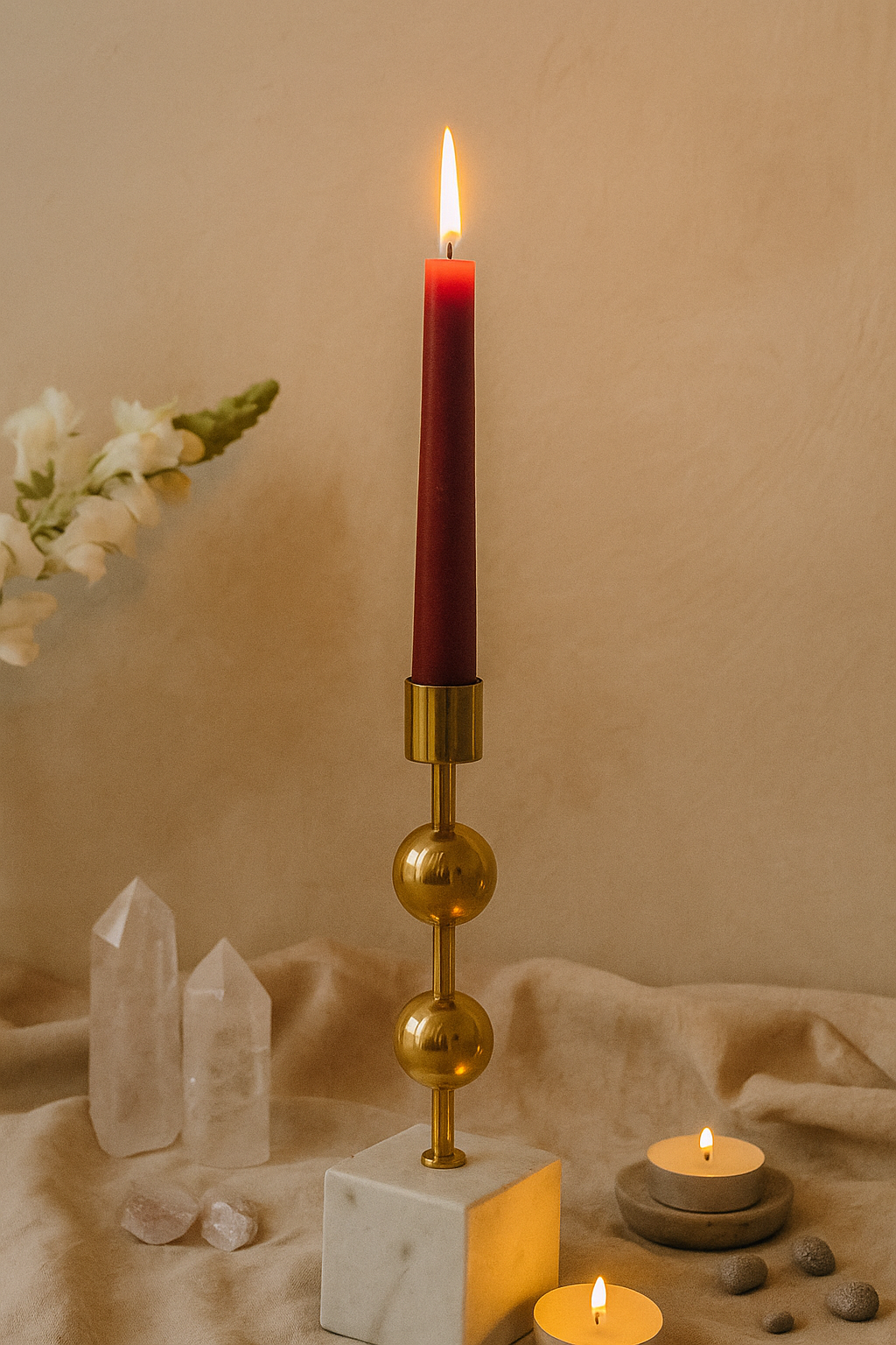 Golden Balance Candle Holder - Reiki-inspired brass and marble candle holder for peaceful home interiors.