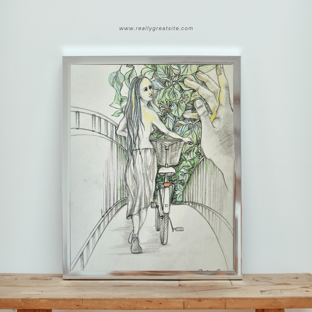 Limited edition art print growth featuring a figure on a bridge with supportive hand in a framed artwork.