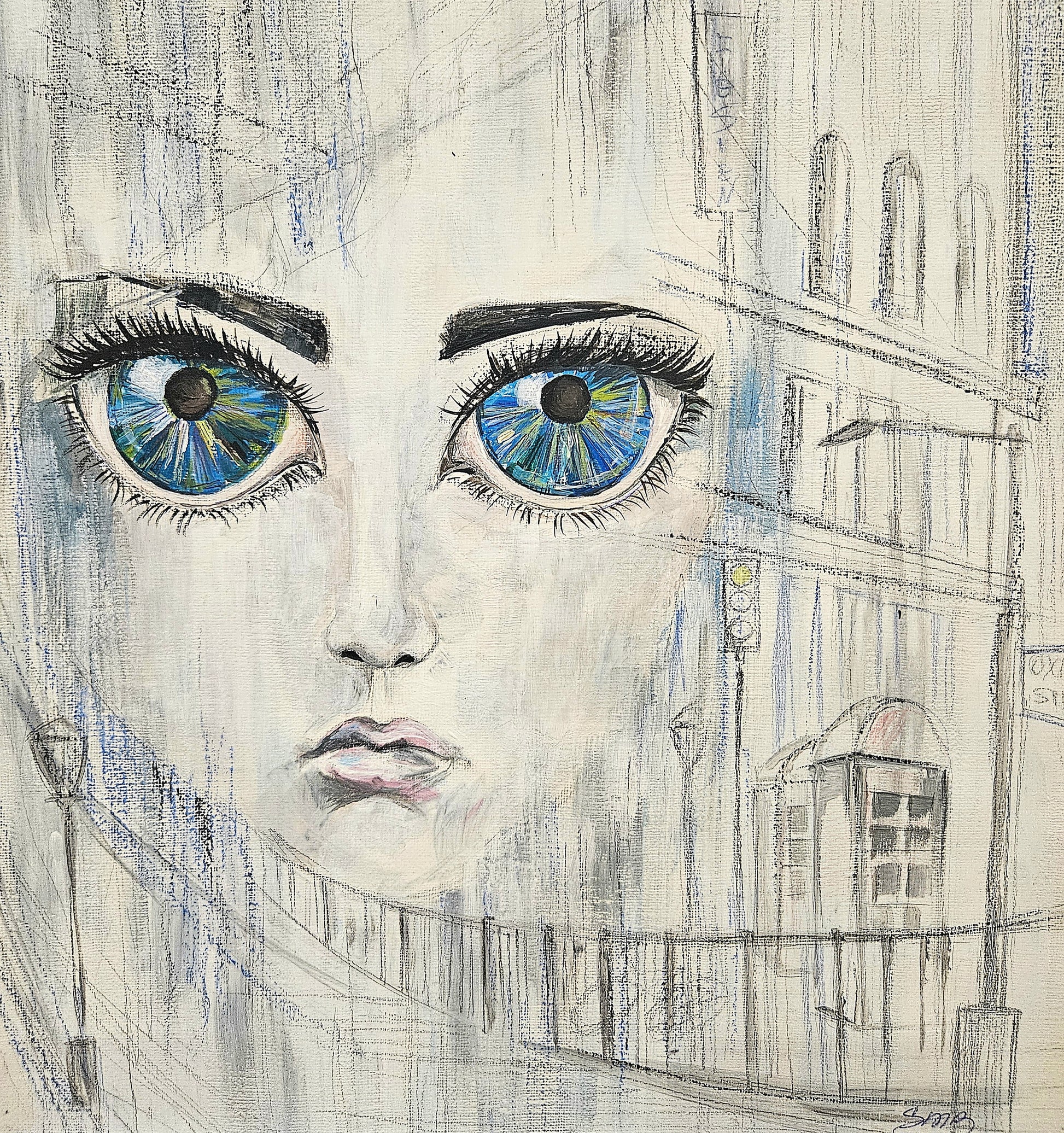 limited edition urban art print featuring bold blue eyes and urban scenery, showcasing modern city life aesthetics.