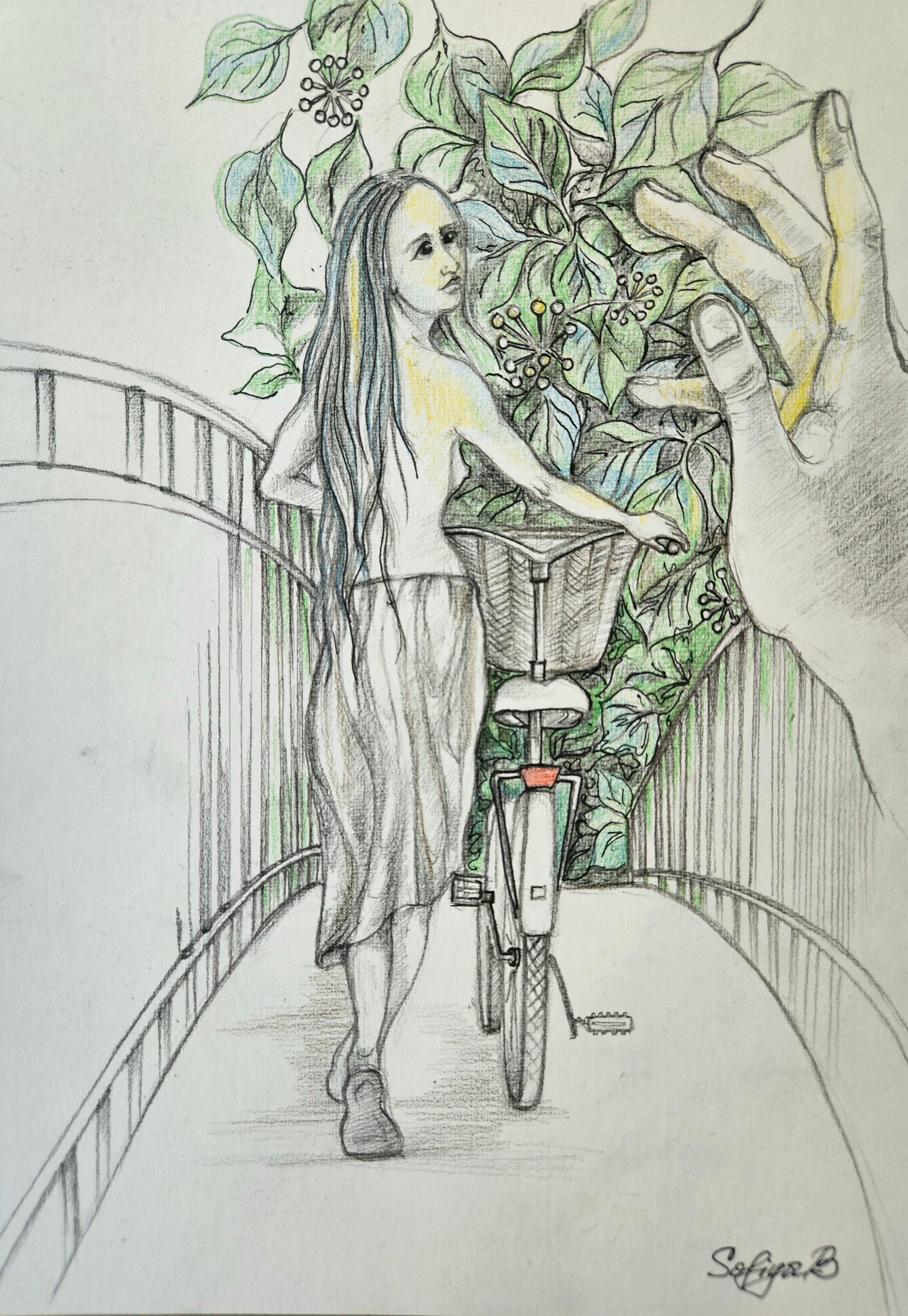 Limited edition art print growth featuring a figure on a bridge with supportive hand in a framed artwork.