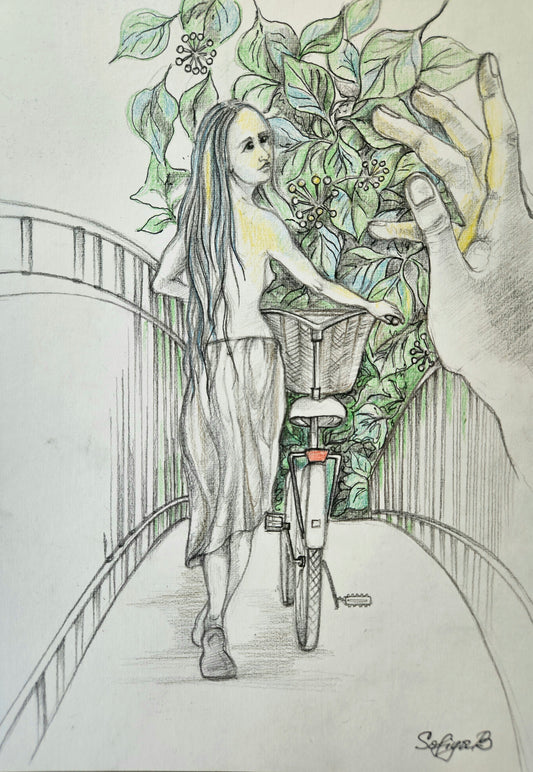 Limited edition art print growth featuring a figure on a bridge with supportive hand in a framed artwork.