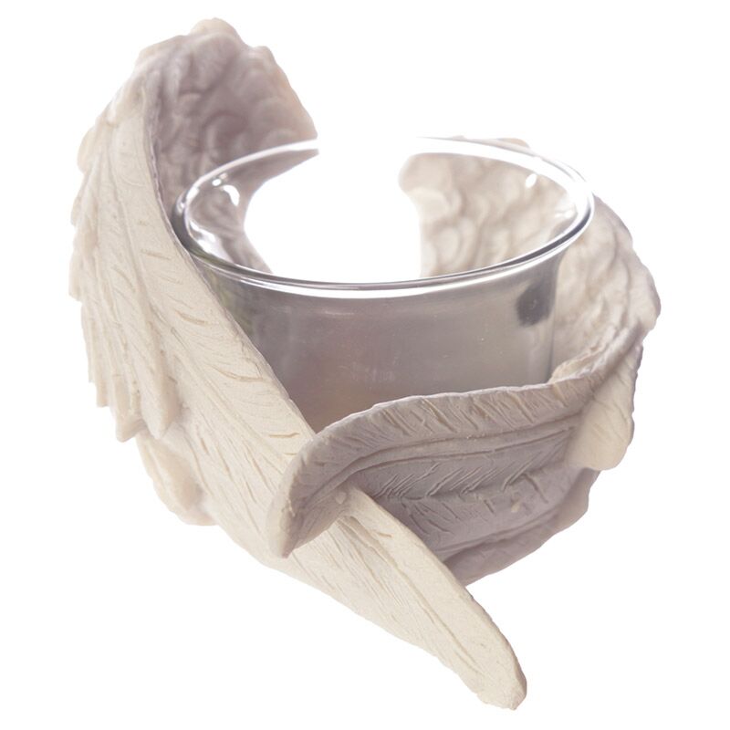 Decorative candle holder shaped like a feather on a white background