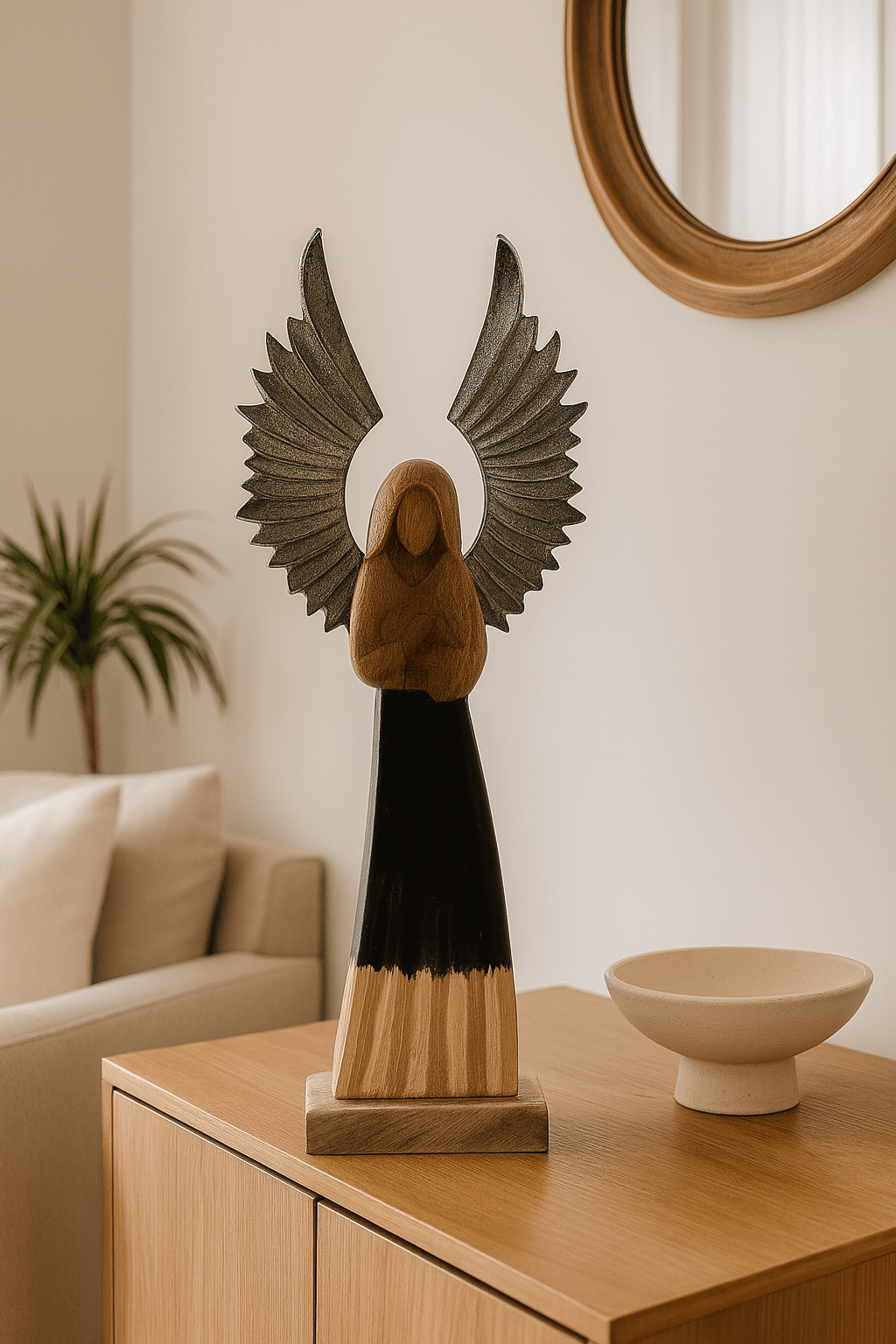 Decorative angel sculpture on a wooden table with a neutral background