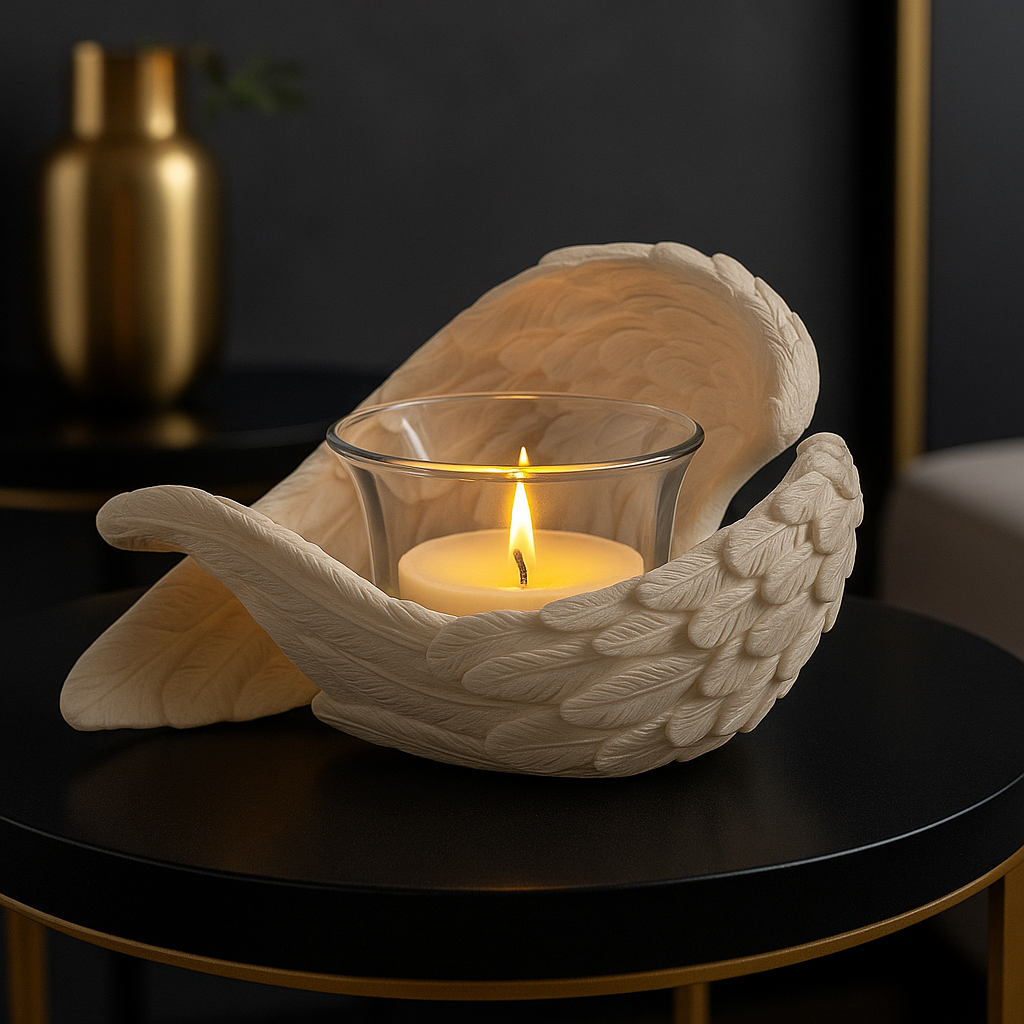 Candle in a decorative shell on a dark surface with a blurred background