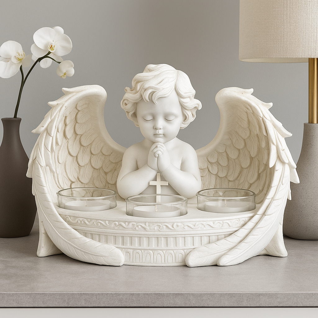 White angel figurine with wings holding a cross, placed on a surface with decorative elements.