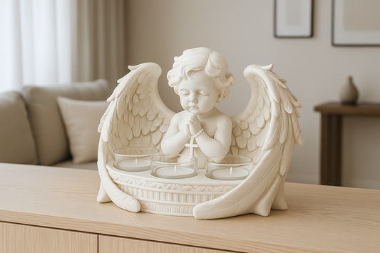 White angel figurine with wings on a wooden surface in a living room setting.