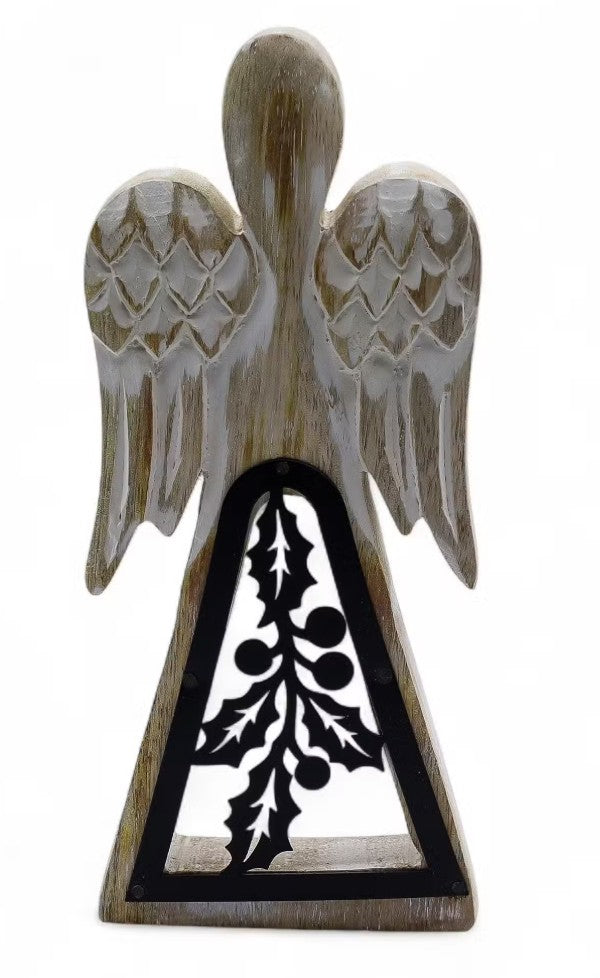 Mango wood angel sculpture with iron cut out