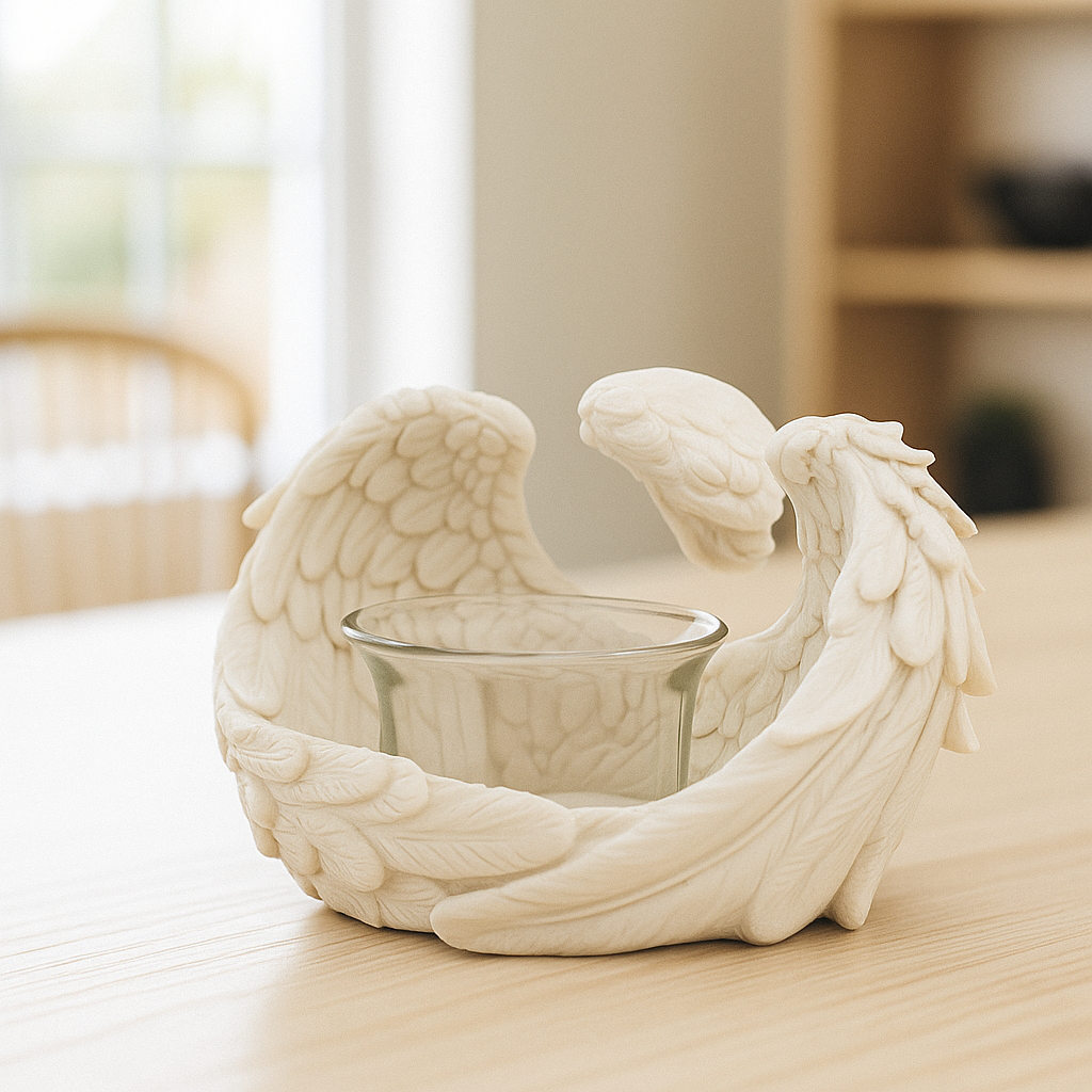 White ceramic angel-shaped holder with a small candle inside on a wooden surface.