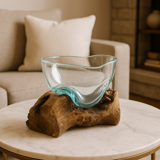 Clear glass bowl on a wooden log in a living room setting