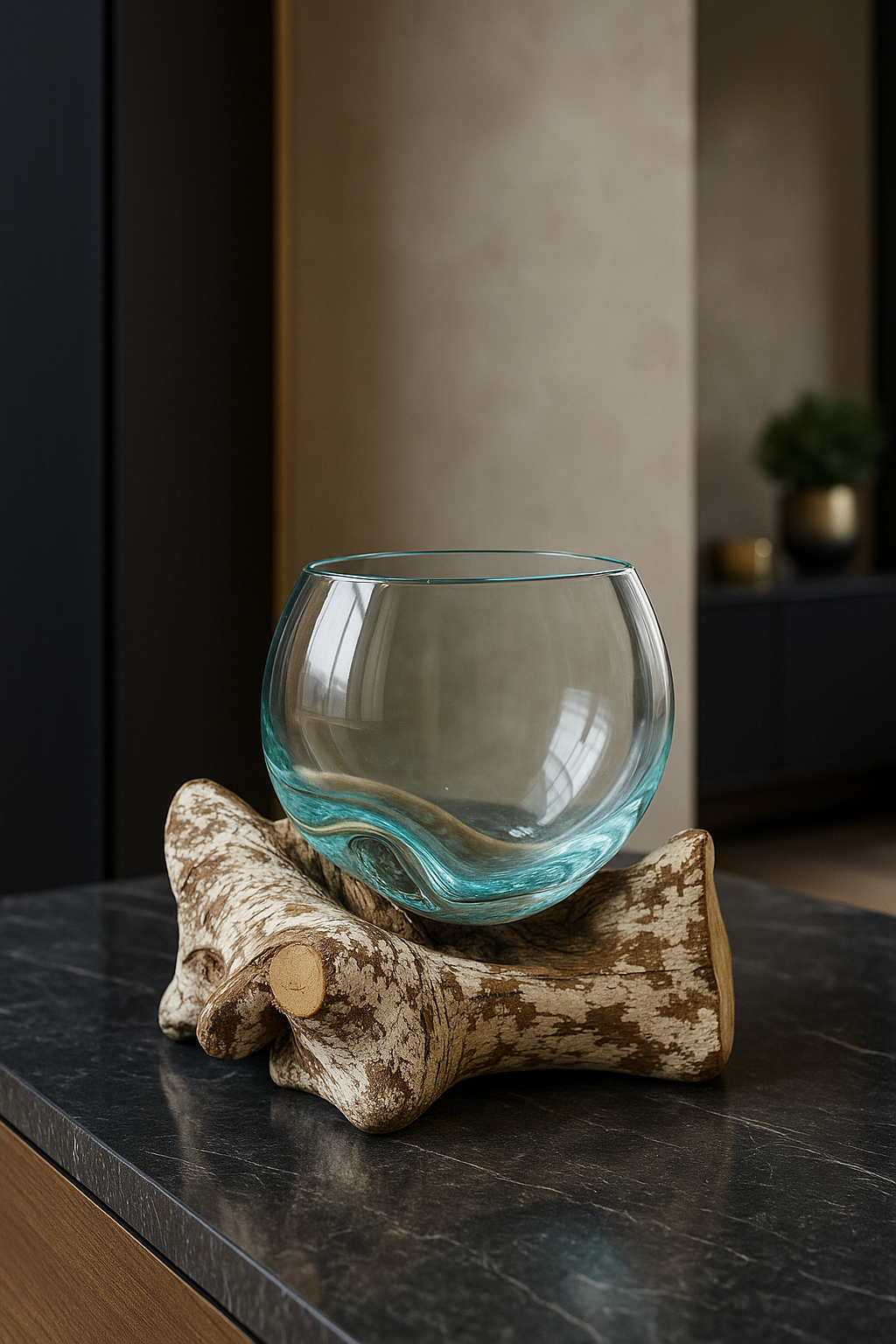 Turquoise glass bowl on a wooden stand against a neutral background