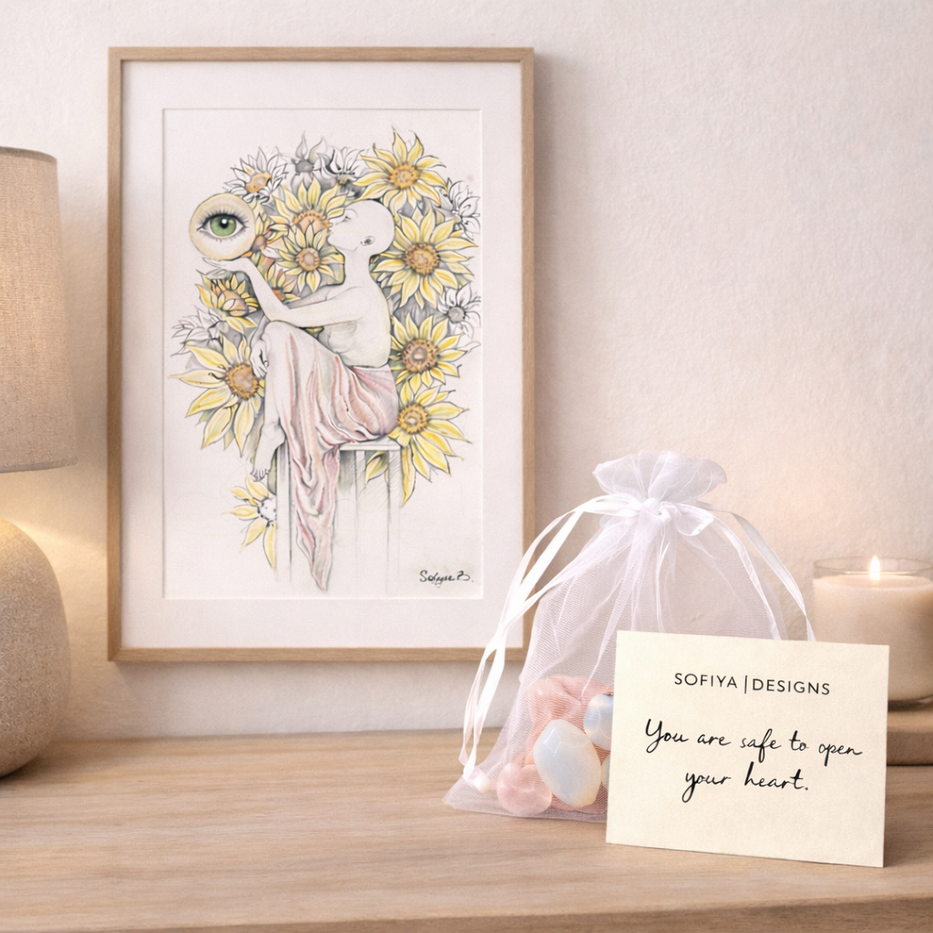 Framed artwork of a woman with flowers, a gift bag, and a card on a wooden surface.
