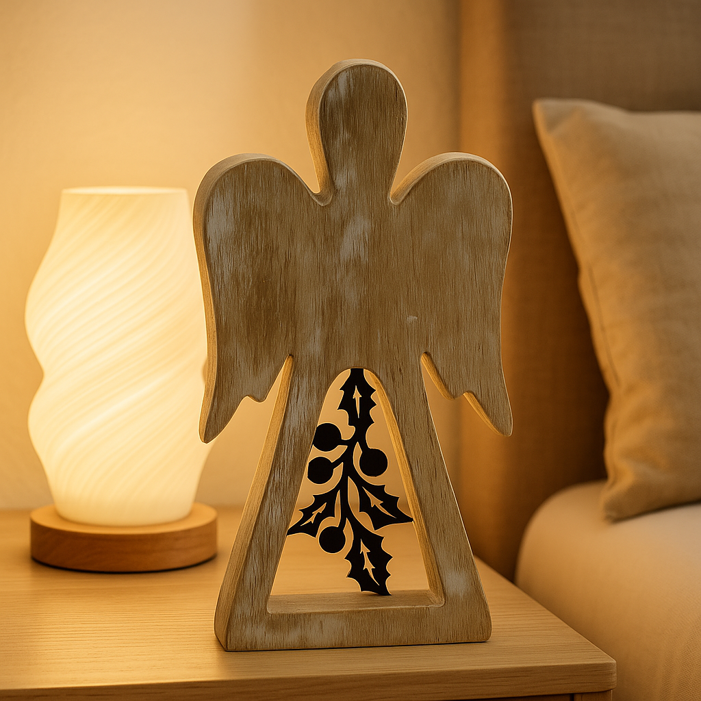 Wooden angel figurine with holly design on a table next to a lamp.