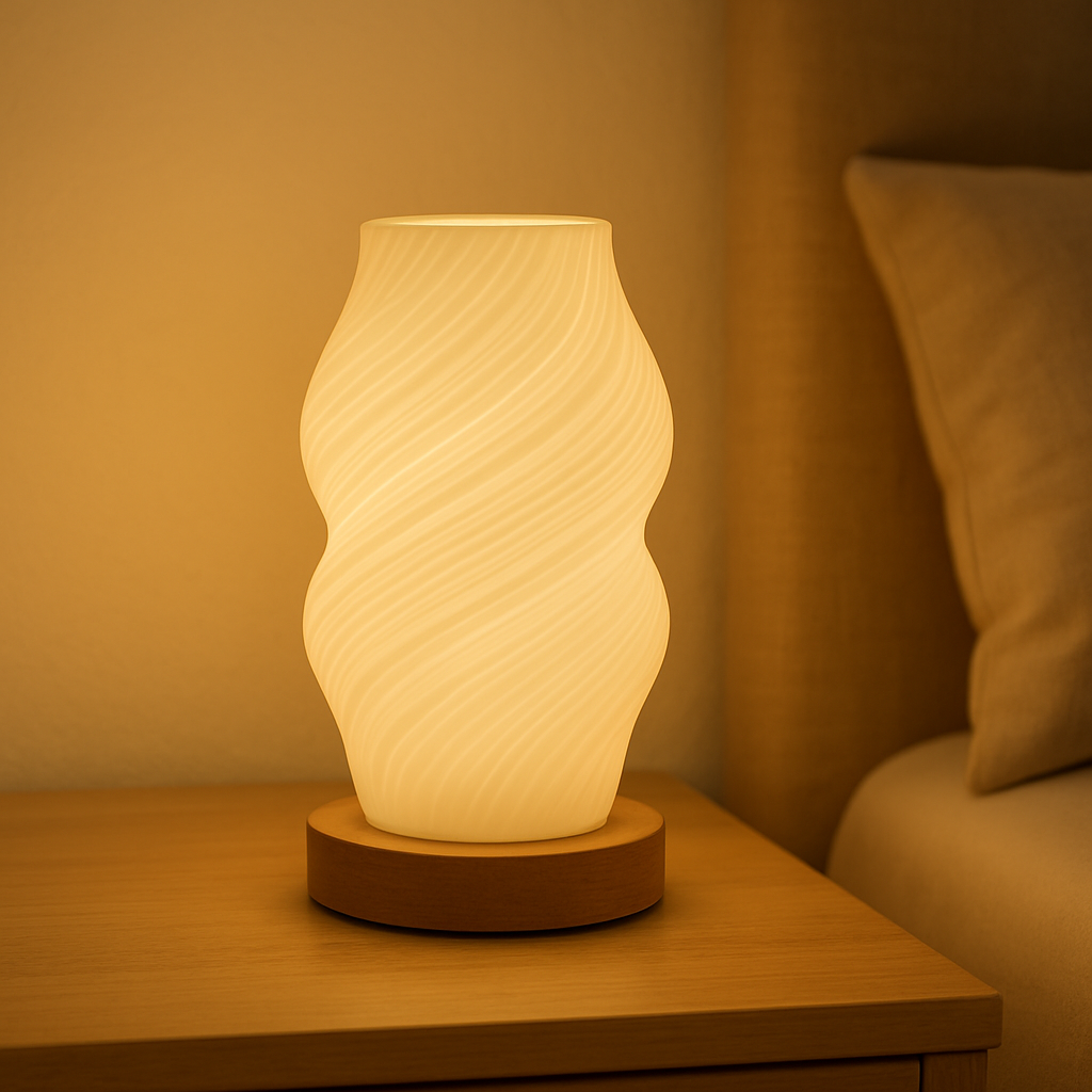 Decorative lamp with wavy design on a wooden surface, warm lighting.