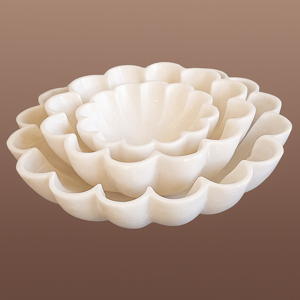 Hand-carved marble vases with sculptural design and natural stone elegance. The Sculptural Marble Vase Trio includes three artisan-crafted pieces, each numbered and authenticated with SKU and barcode. Perfect for modern or classic interiors, these hand-carved marble vases blend craftsmanship and timeless beauty