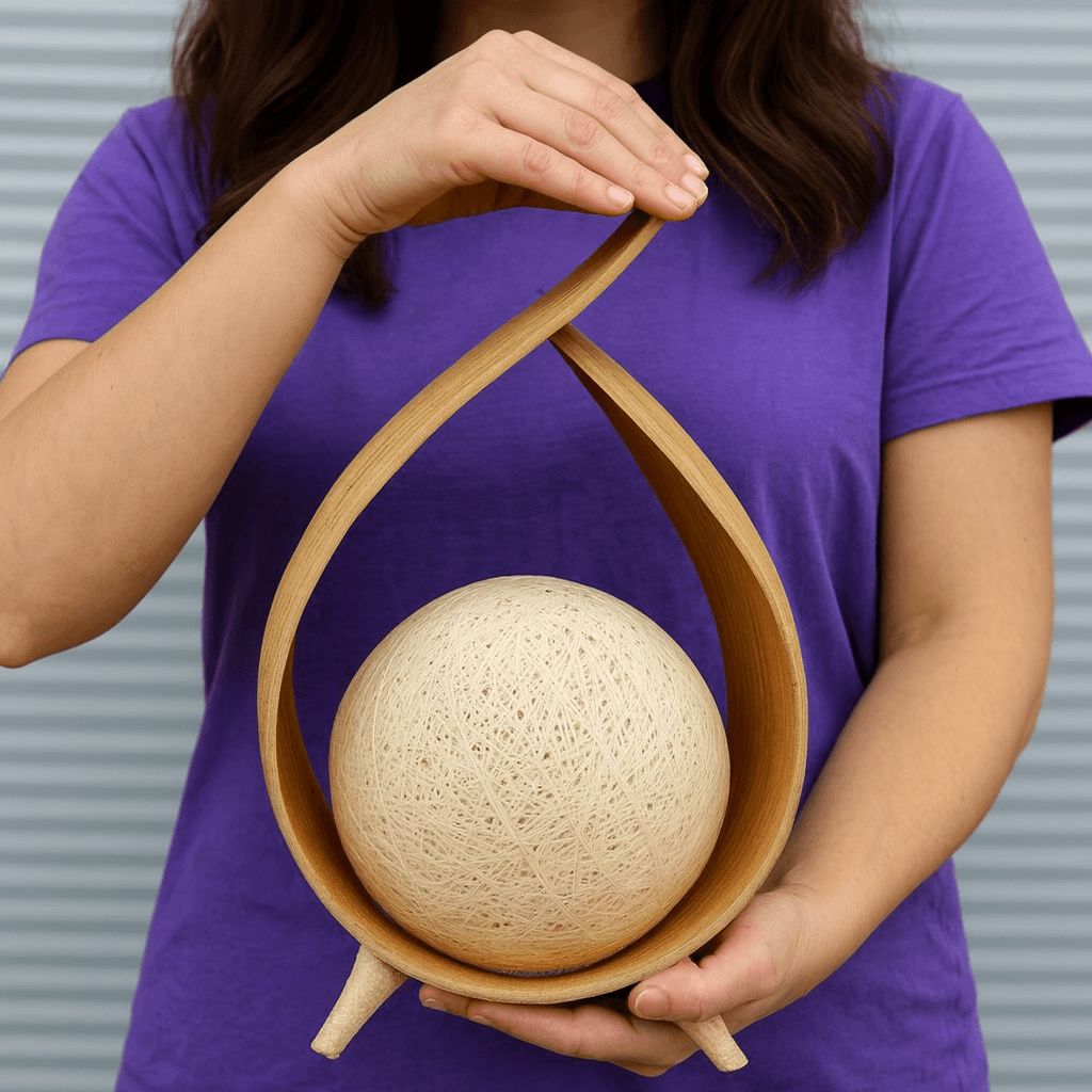 Person holding a  coconut lamp with a spherical object against a plain background