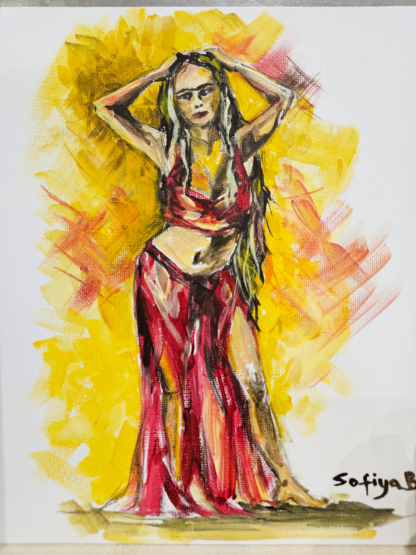 Artistic depiction of a dancer with abstract yellow and red background