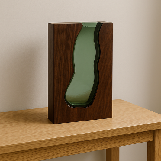 Glass & Wood Fusion Vase – Contemporary Sculptural Design
