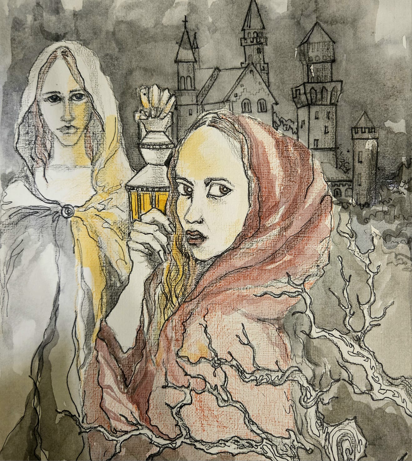 Limited edition fine art print titled Through the Veil, depicting two women with an abstract background.