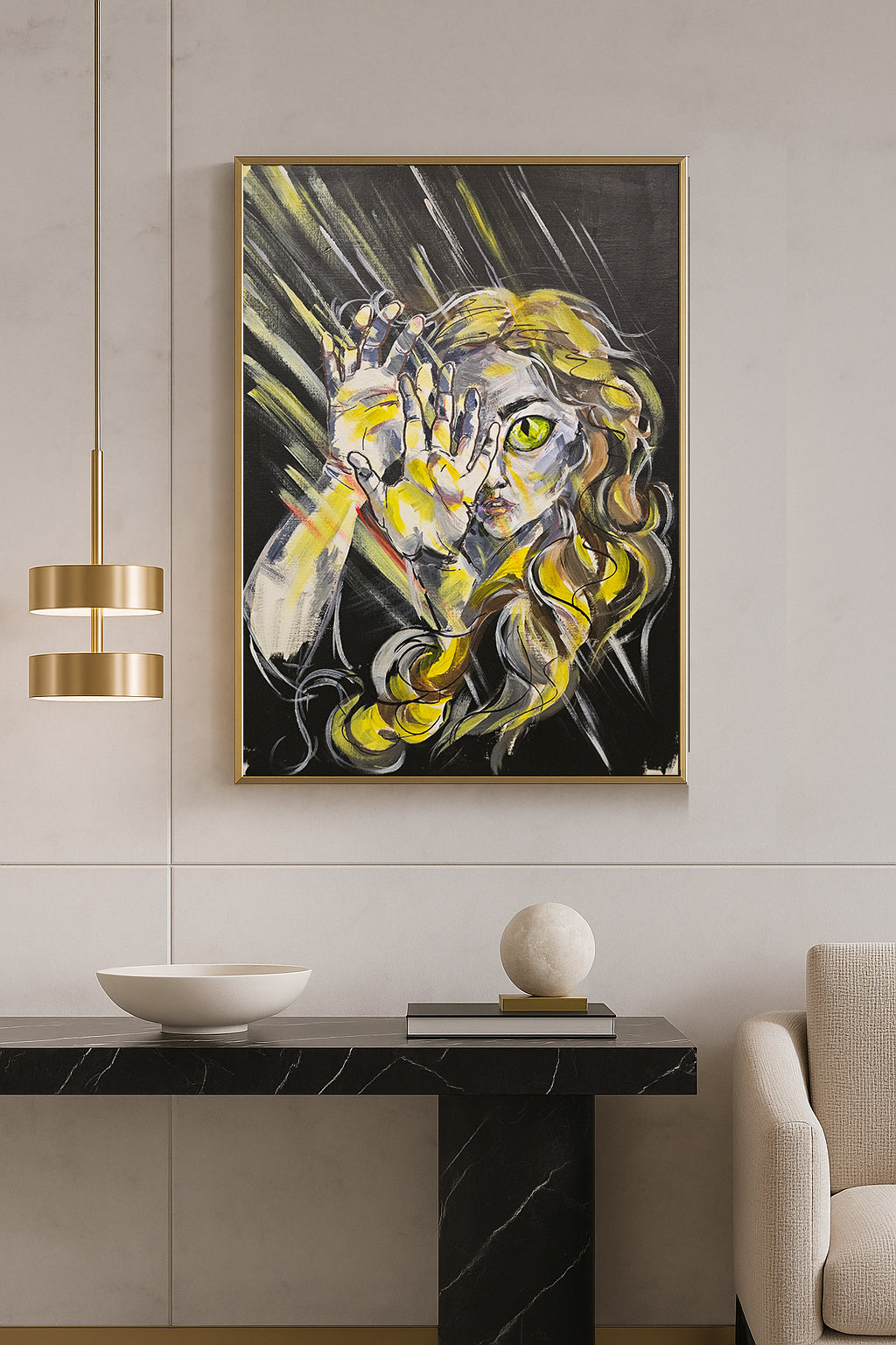 Limited edition fine art print titled Into The Light featuring a woman with bright yellow hair and expressive hands.