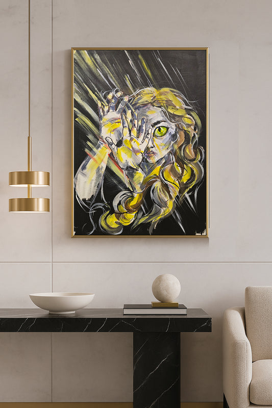 Limited edition fine art print titled Into The Light featuring a woman with bright yellow hair and expressive hands.