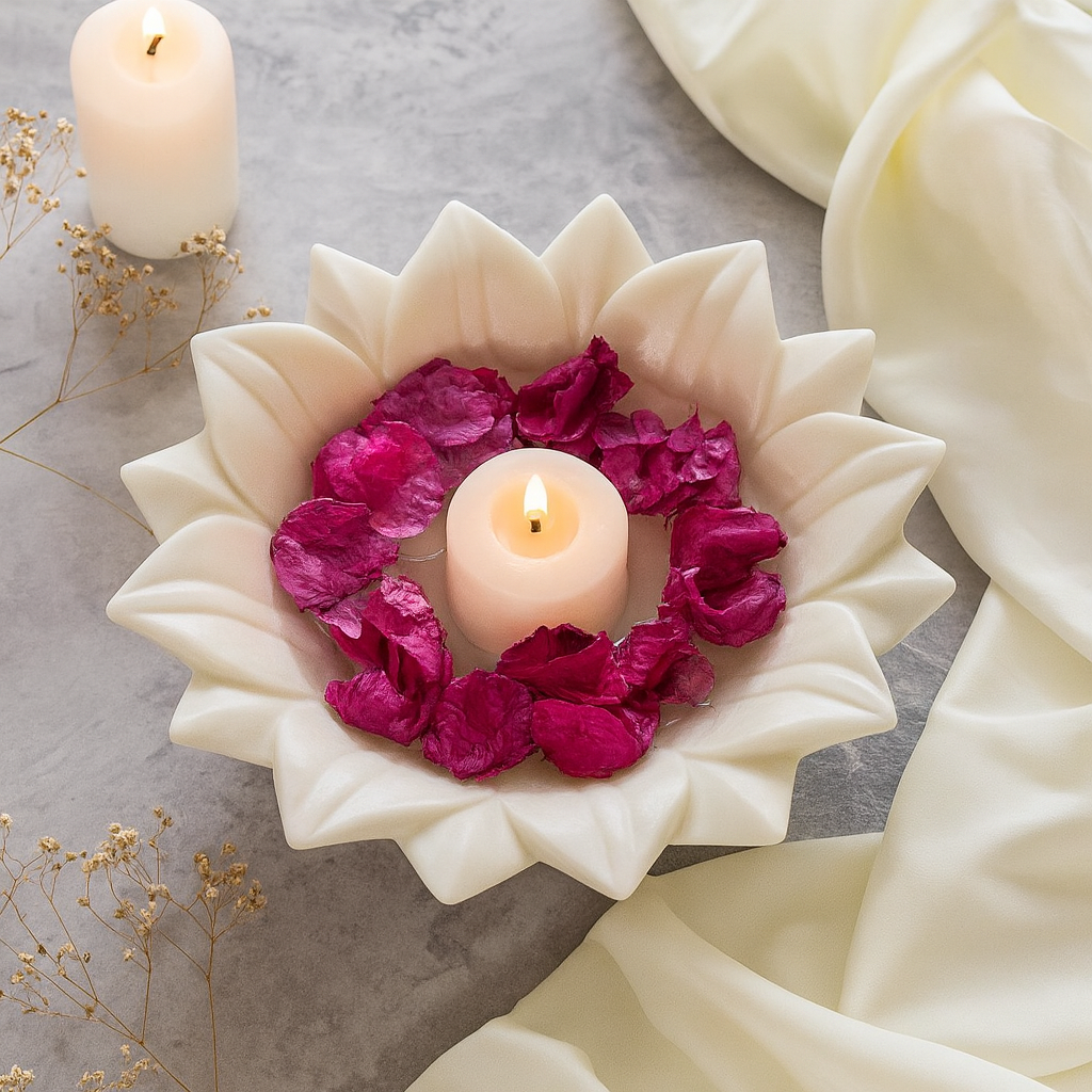 Hand-carved marble lotus bowl filled with rose petals and a candle, showcasing its elegant lotus blossom design.