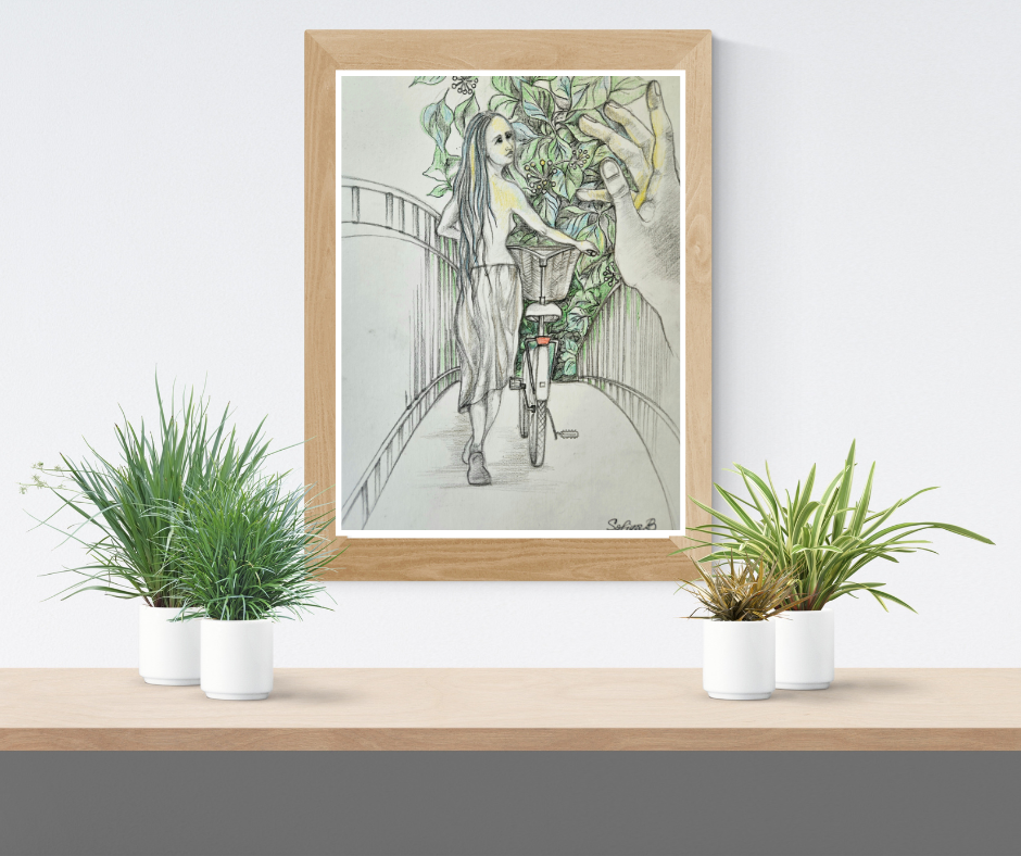 Limited edition art print growth featuring a figure on a bridge with supportive hand in a framed artwork.