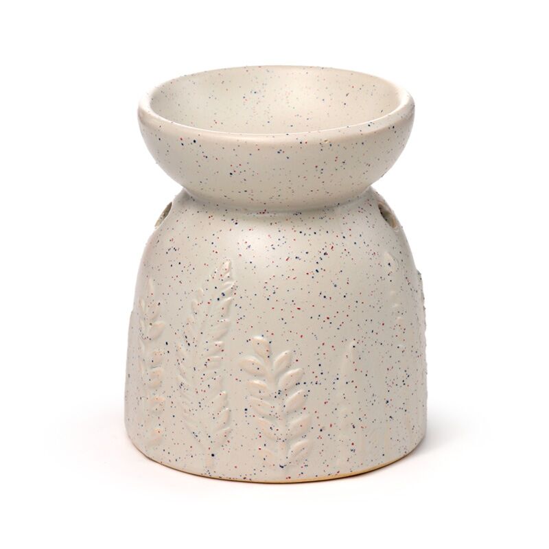 Speckled beige ceramic oil burner on a white background