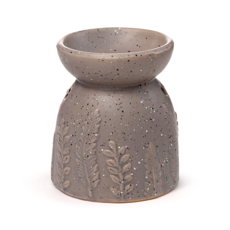 Gray ceramic oil burner with leaf patterns on a white background