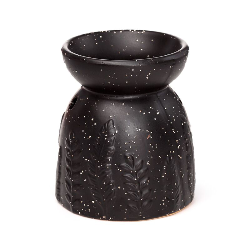 Black ceramic oil burner with speckled texture and leaf design on a white background