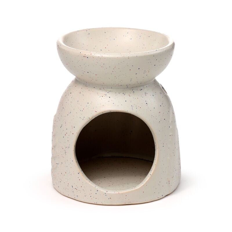 Speckled beige ceramic oil burner on a white background