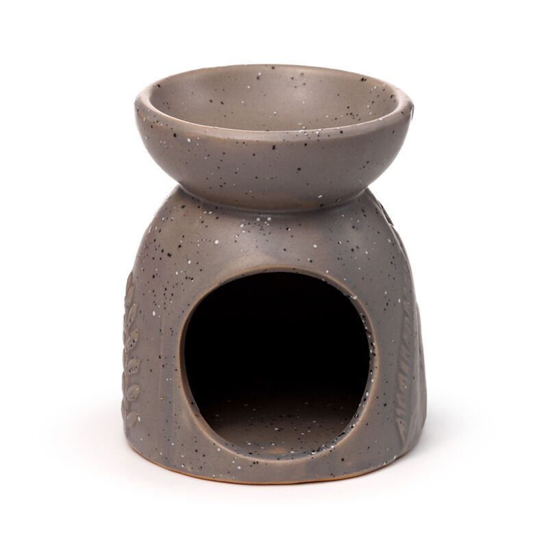 Ceramic oil burner with a speckled gray finish on a white background