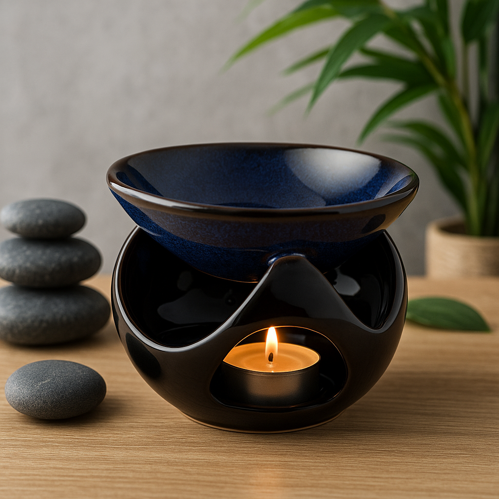Black ceramic oil burner with a lit candle on a wooden surface with stones and a plant in the background.