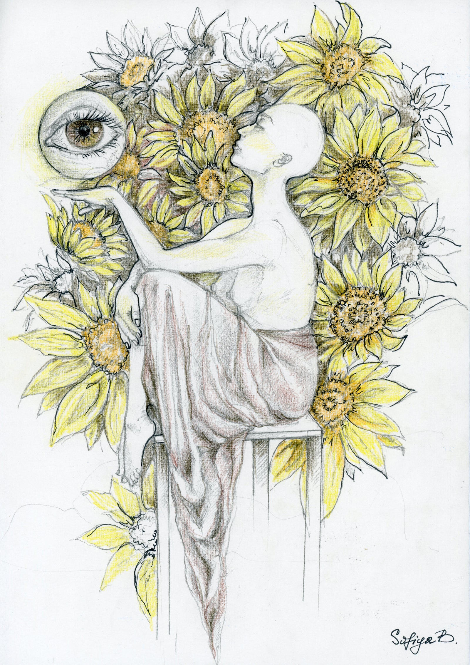 Artistic illustration of a nude figure surrounded by sunflowers with an eye in the center.