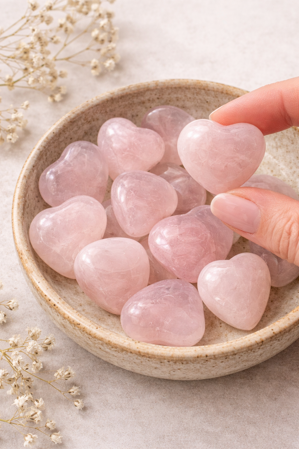 Heart-shaped rose quartz stones in a bowl with a hand picking one up.