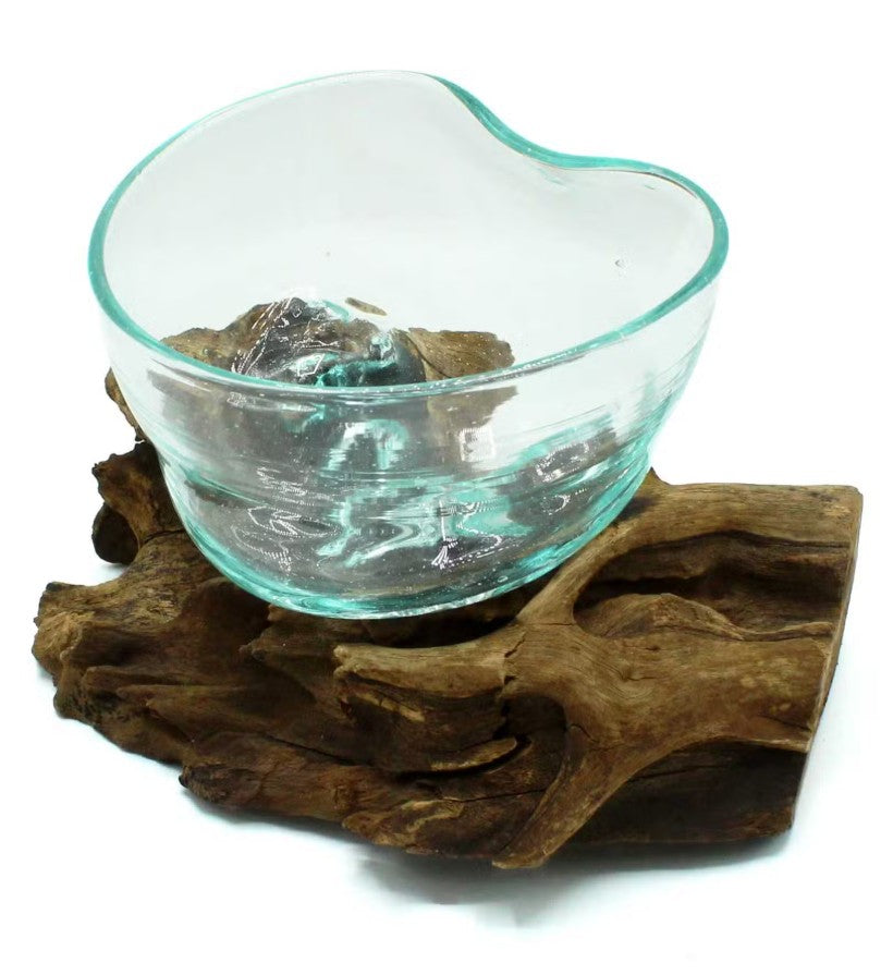 Clear glass bowl on a piece of driftwood against a white background