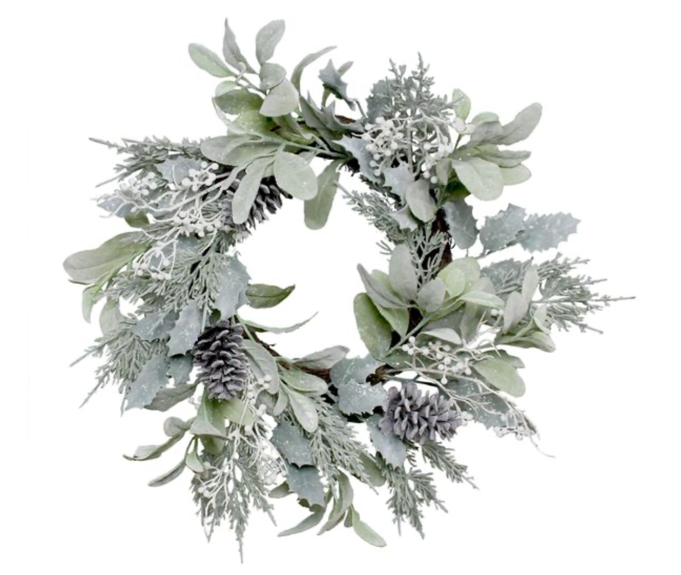 Flocked Christmas Wreath – Lambs Ear, Holly Pine Cone & White Berry 60cm by Sofiya Designs Shop