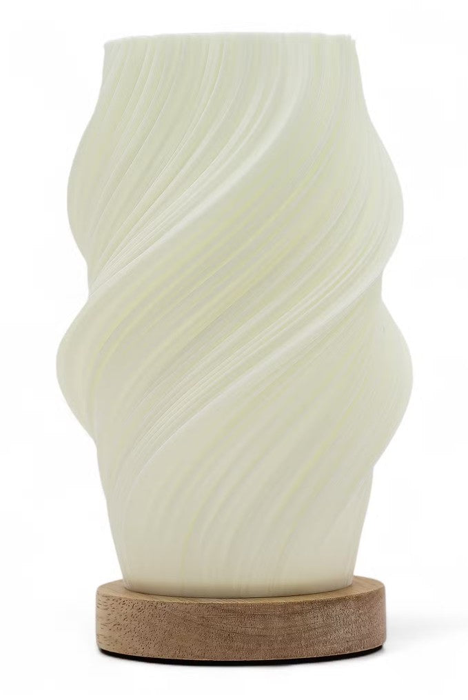 White textured vase with a wooden base on a white background
