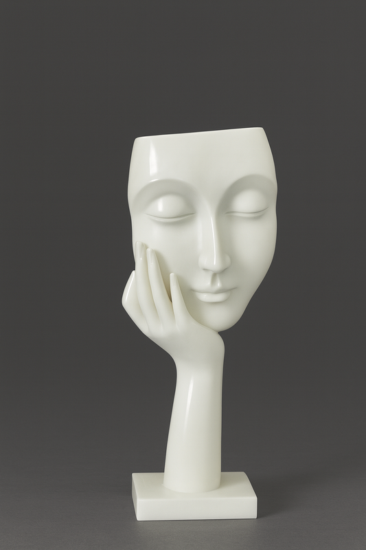 Minimalist marble face sculpture showcasing serene expression and elegant design, standing at 61 cm tall.