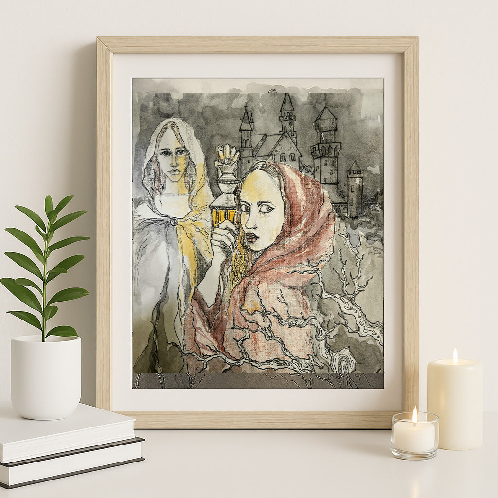 Limited edition fine art print titled Through the Veil, depicting two women with an abstract background.