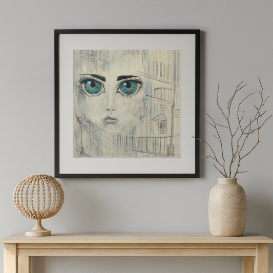 limited edition urban art print featuring bold blue eyes and urban scenery, showcasing modern city life aesthetics.