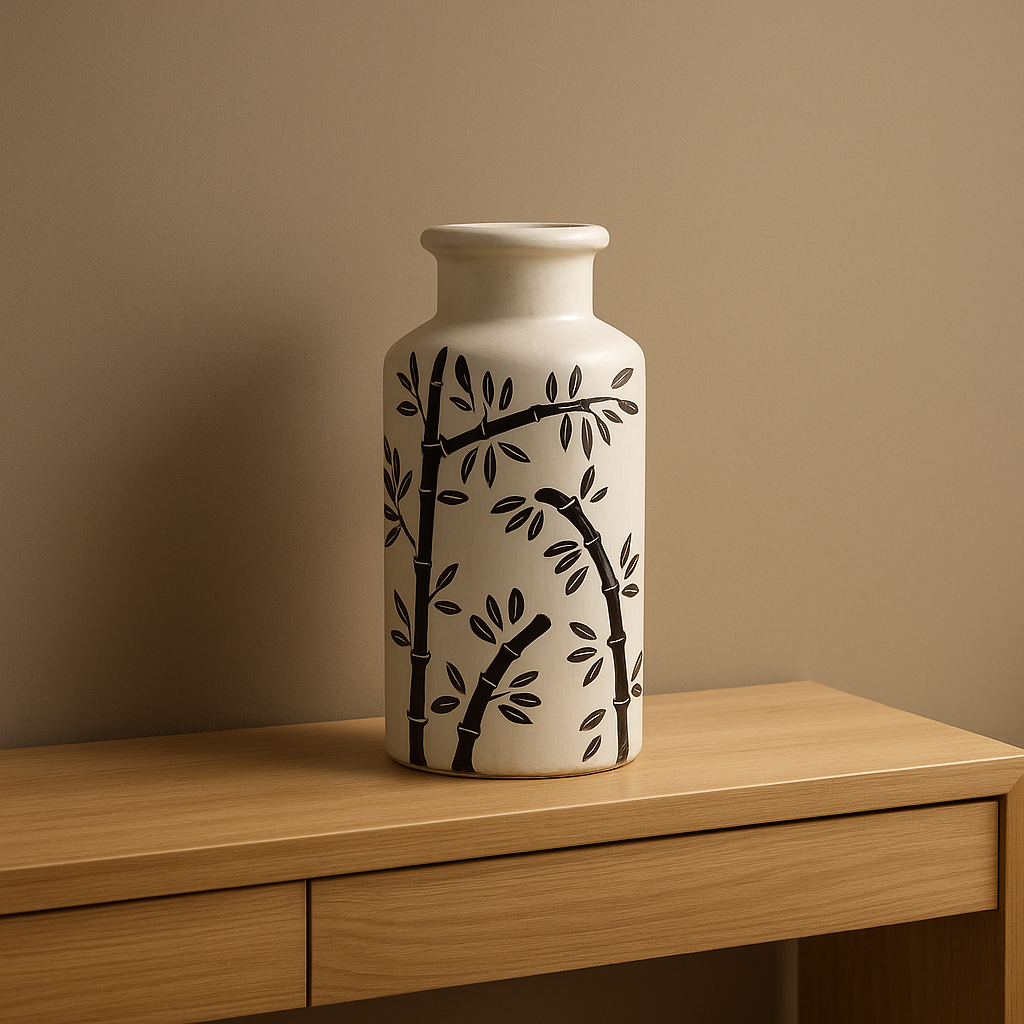 White vase with black bamboo design on a wooden surface against a beige wall