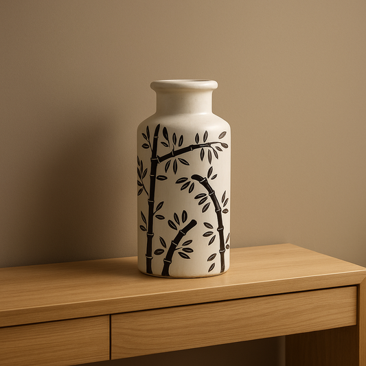 White vase with black bamboo design on a wooden surface against a beige wall