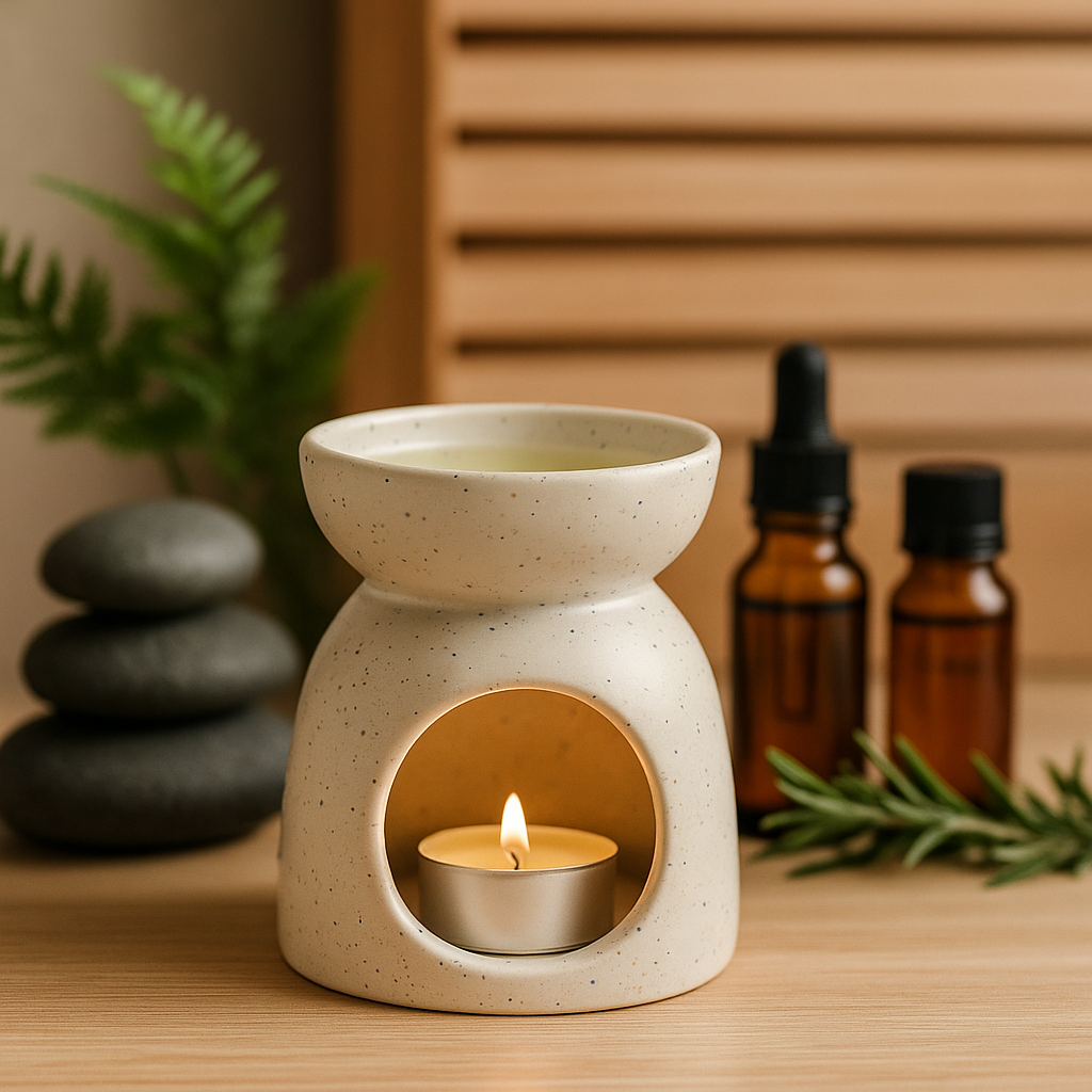 Aromatherapy oil burner with a lit candle, essential oils, and stones on a wooden surface.