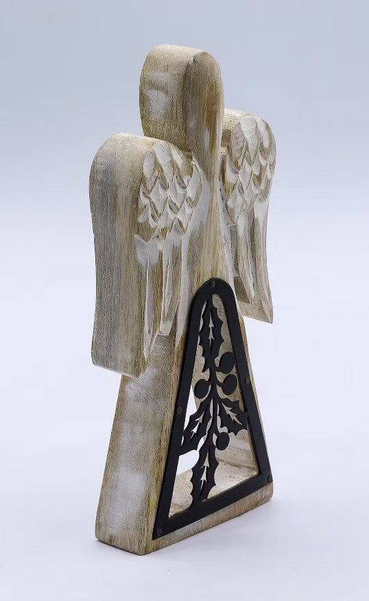 Mango wood angel  statue with iron cut out