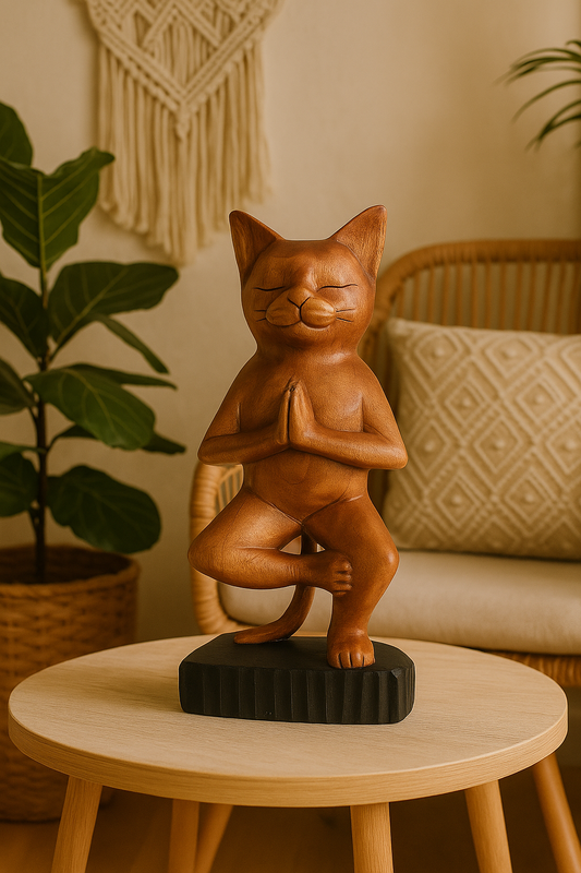 Wooden cat statue in a meditative pose on a small table with a cozy background.
