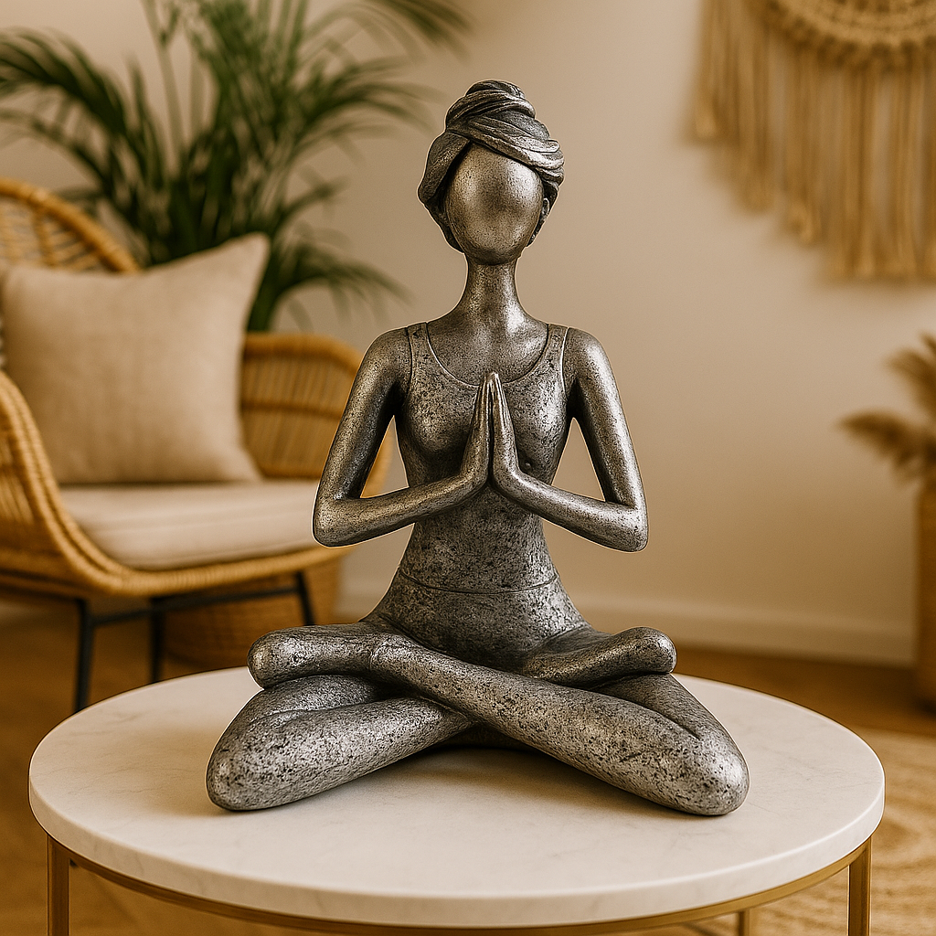 Bronze statue of a person in a meditative pose on a table with a blurred indoor setting.